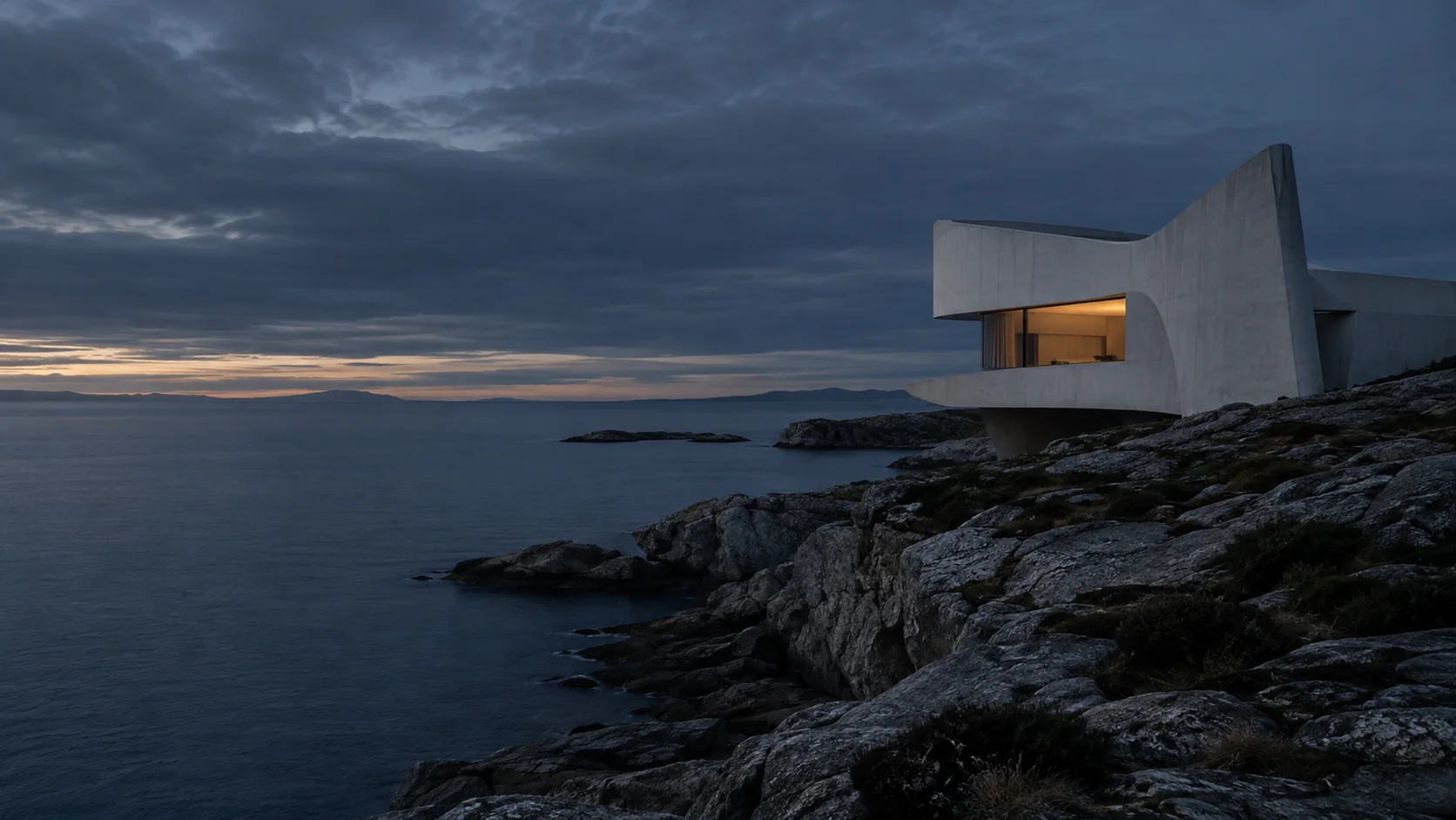 Sculptural white concrete house on a rocky coast at dusk